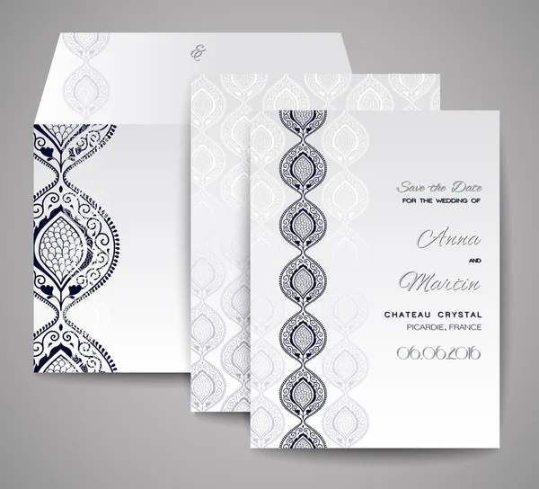 Conjunto de tarjetas de boda. Invitación ornamental, tarjeta de agradecimiento, guardar la tarjeta de fecha. Plantillas para su diseño . — Vector de stock