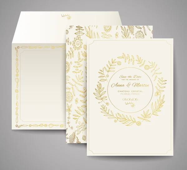 Conjunto de tarjetas de boda. Invitación floral, tarjeta de agradecimiento, guardar la tarjeta de fecha. Plantillas para su diseño . — Vector de stock