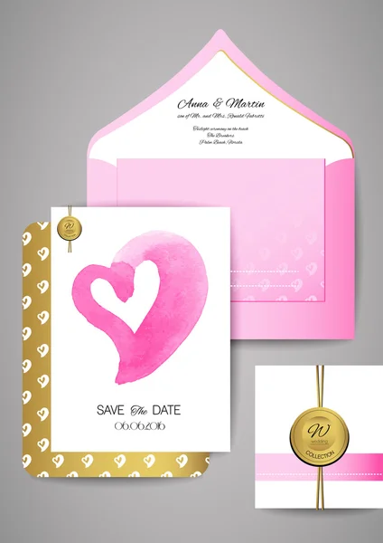 Modelo de convite de casamento e envelope com forma de coração aquarela. Projeto do cartão de saudação. Ilustração vetorial . — Vetor de Stock