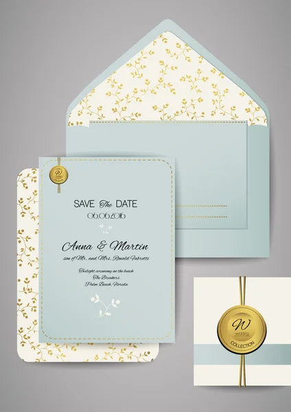 Vorlage Hochzeitseinladung und Umschlag mit floralem Goldschmuck. Grußkarten-Design. Vektorillustration. — Stockvektor