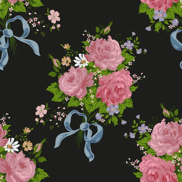 黒い背景にシームレスなヴィンテージ花柄 — ストックベクタ