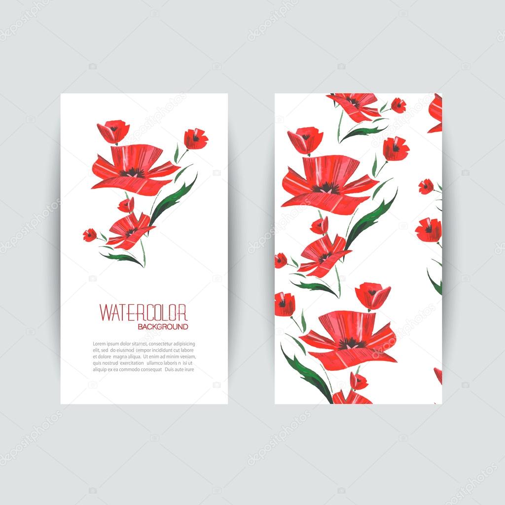 Invitation cards with a red poppy for your design. Watercolor vector
