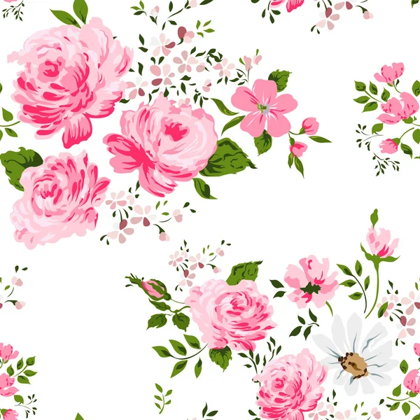 Seamless pattern with pink roses and camomile. — Stock Vector