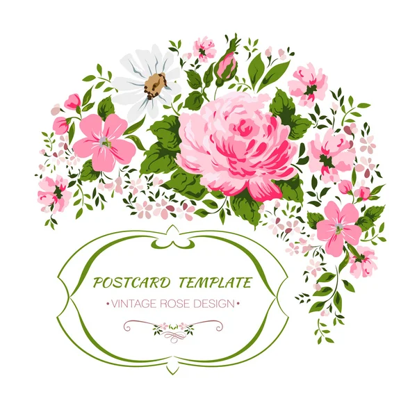 Tarjeta Vintage con flores rosa, peonía, manzanilla — Vector de stock