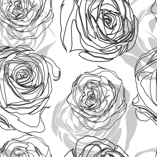 Zwart-wit naadloze patroon in rozen met contouren. — Stockvector
