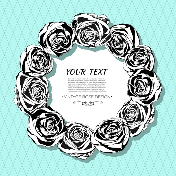 Beautiful card with a round wreath of roses. Black and white frame of the Roses on mint background. Vector illustration — Stock Vector