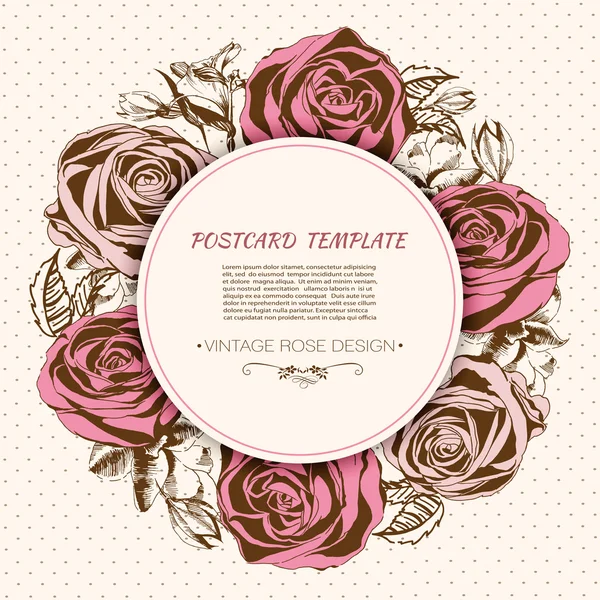 Tarjeta Vintage con una corona redonda de diferentes flores — Vector de stock