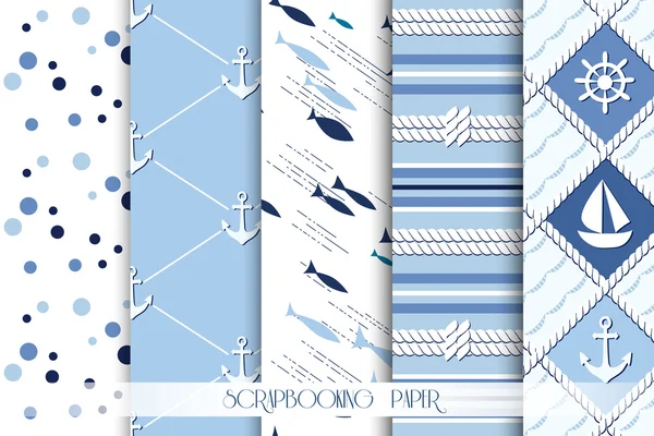 Set di modelli mare e nautica senza soluzione di continuità nei colori bianco e blu navy. Illustrazione vettoriale . — Vettoriale Stock