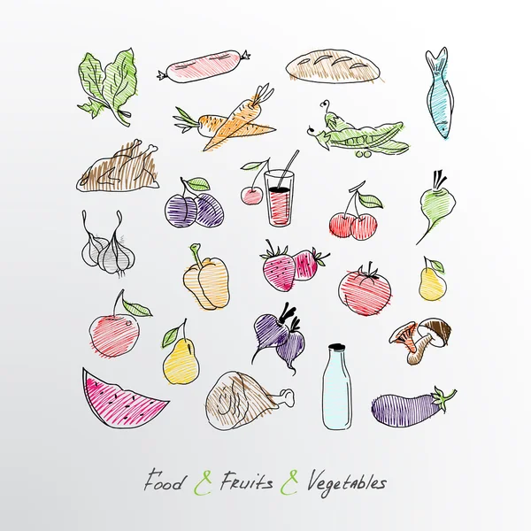 Collection of hand drawn food, fruits and vegetables.