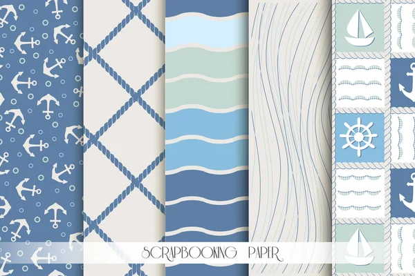 Set di modelli di mare blu e bianco. Scrapbook elementi di design . — Vettoriale Stock