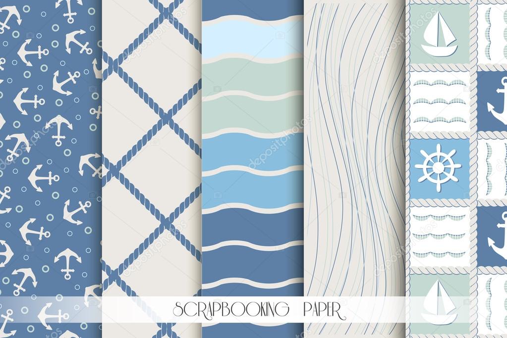 Set of blue and white sea patterns. Scrapbook design elements.