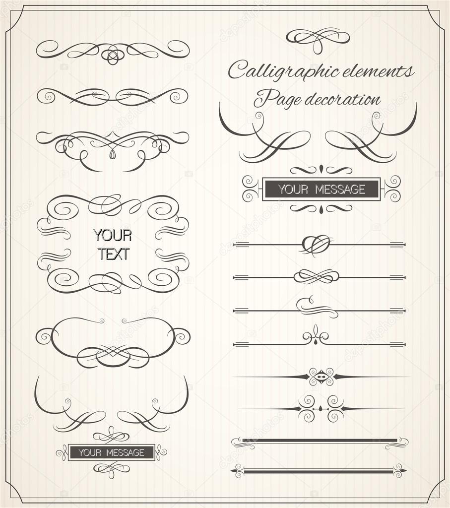 Vector set of calligraphic elements for design. Calligraphic vector