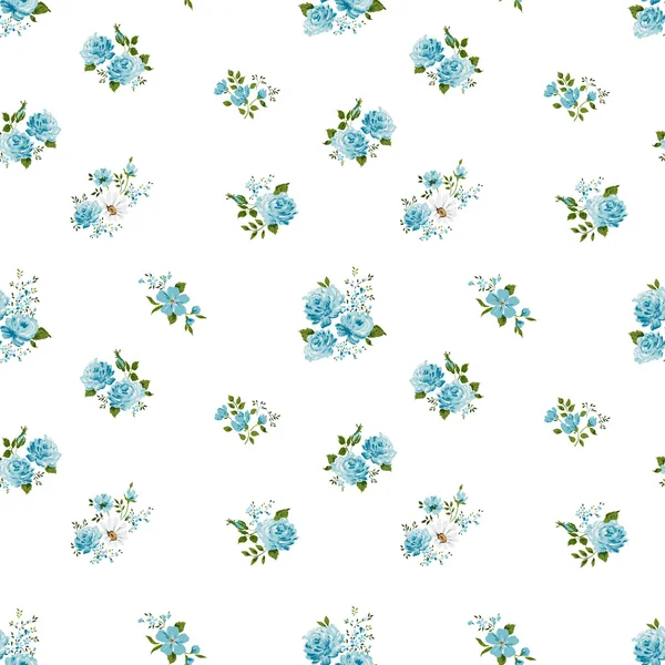 Hermoso fondo de patrón floral sin costuras vintage. Ramos de rosas azules sobre fondo blanco — Vector de stock