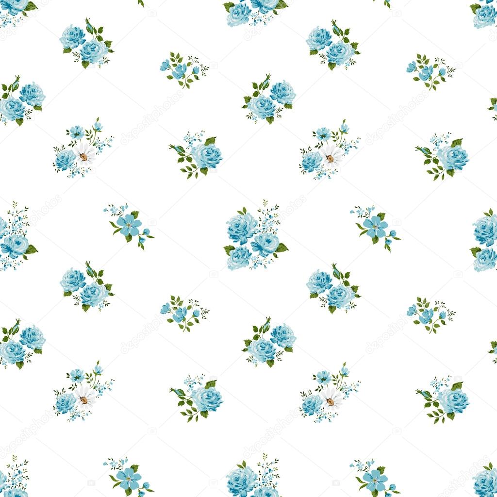 Beautiful vintage seamless floral pattern background. Bouquets of blue roses on white background