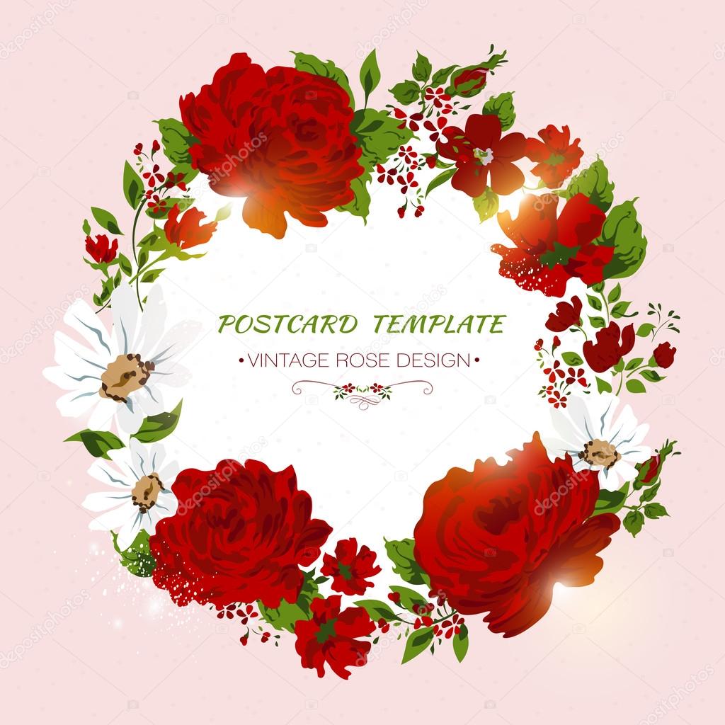 Vintage card with red roses, peony, camomile. Floral invitation