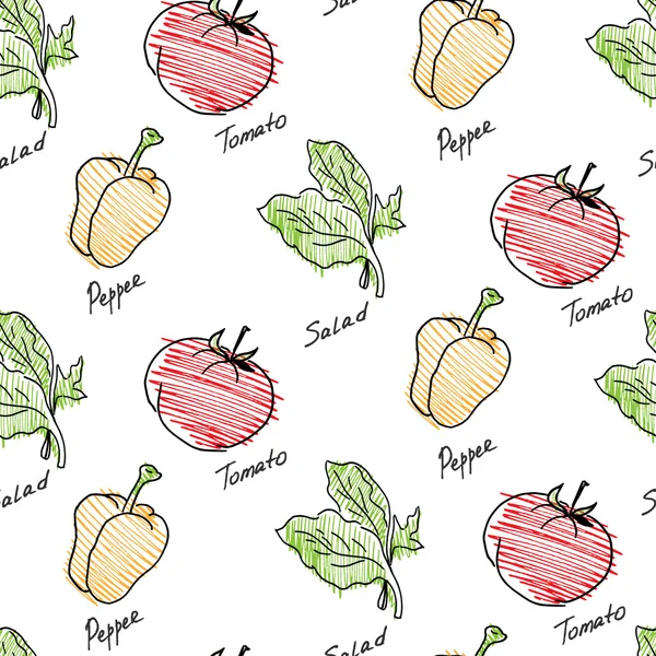手の描かれたトマトと唐辛子のパターン。明るいジューシーな野菜。簡単シンプルなアウトラインのスタイル — ストックベクタ