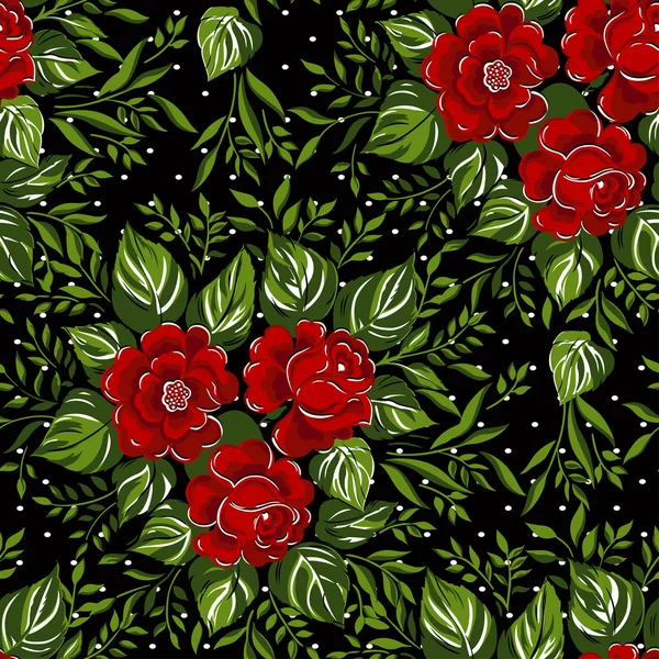 Patrón floral sin costuras con rosas rojas sobre fondo negro. Ilustración vectorial . — Archivo Imágenes Vectoriales