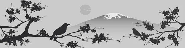 Desenho japonês com montanha Fuji e Árvore Sakua . — Vetor de Stock