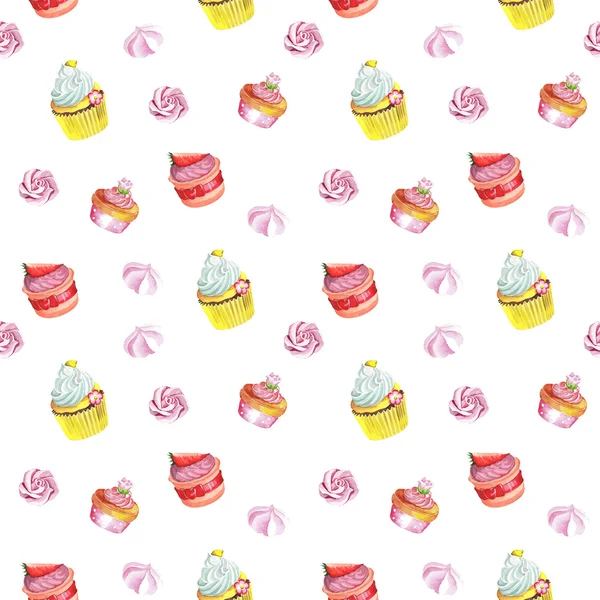 Watercolor seamless pattern with cupcakes. Hand drawn design. — Stock Photo, Image