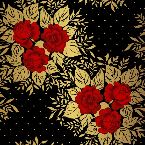 Red roses on gold background. Floral pattern. Vector