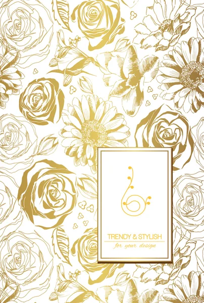 Elegante carta floreale con ornamento in pizzo e posto per il testo. Fiori su sfondo oro. Illustrazione vettoriale . — Vettoriale Stock