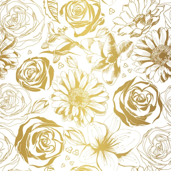 Elegante patrón blanco con flores de oro. Ilustración vectorial . — Vector de stock