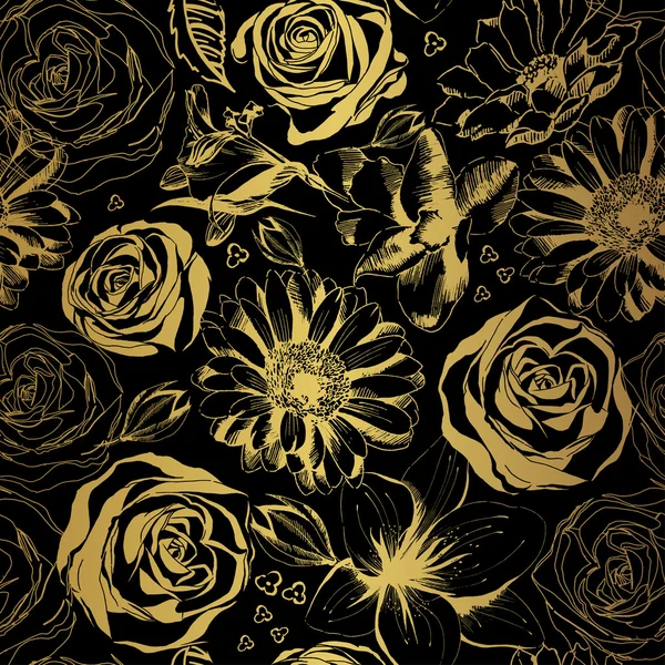 Padrão preto elegante com flores de ouro. Ilustração vetorial . — Vetor de Stock