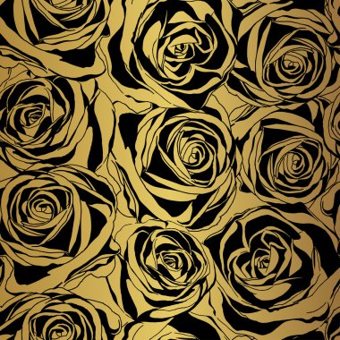 Altın arka planda zarif siyah gül deseni. Vektör çizimi. 