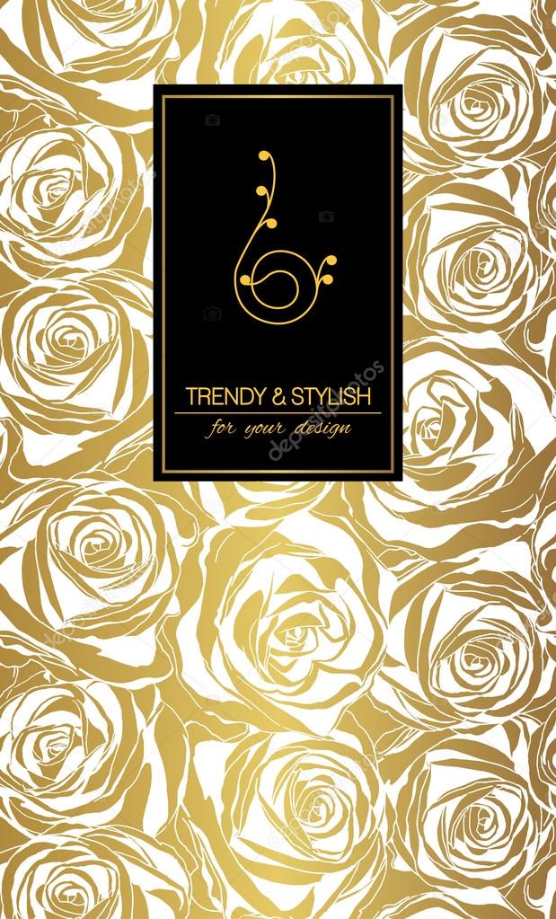 Elegant floral card with roses and place for text. Flowers on gold background. Vector illustration. 