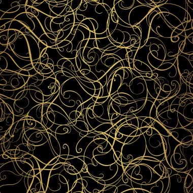 Golden curly pattern on black background. Vector illustration