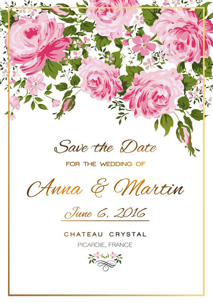 Floral vector vintage invitation with pink roses.