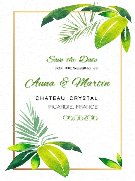 Tarjeta de invitación de boda con diseño de acuarela tropical. Ilustración vectorial . — Vector de stock