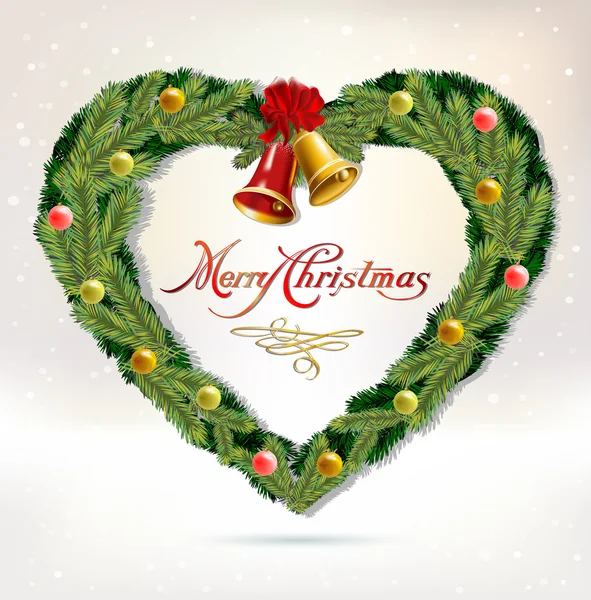 Natale e Capodanno sfondo con campane, rami d'albero e palle. Biglietto natalizio. Illustrazione vettoriale . — Vettoriale Stock