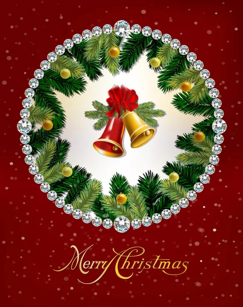 Fondo de Navidad y Año Nuevo con Campanas, ramas de árboles y bolas. Tarjeta de vacaciones. Ilustración vectorial . — Archivo Imágenes Vectoriales