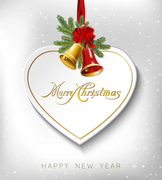 Χριστουγεννιάτικη κάρτα καρδιά χαρτί. Χριστούγεννα και Πρωτοχρονιά φόντο με κλαδιά δέντρων και καμπάνες. Vector εικονογράφηση. — Διανυσματικό Αρχείο