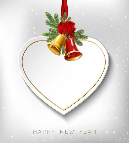 Christmas paper heart card. Christmas And New Year Background with tree branches and bells.  Vector illustration. — Stock Vector