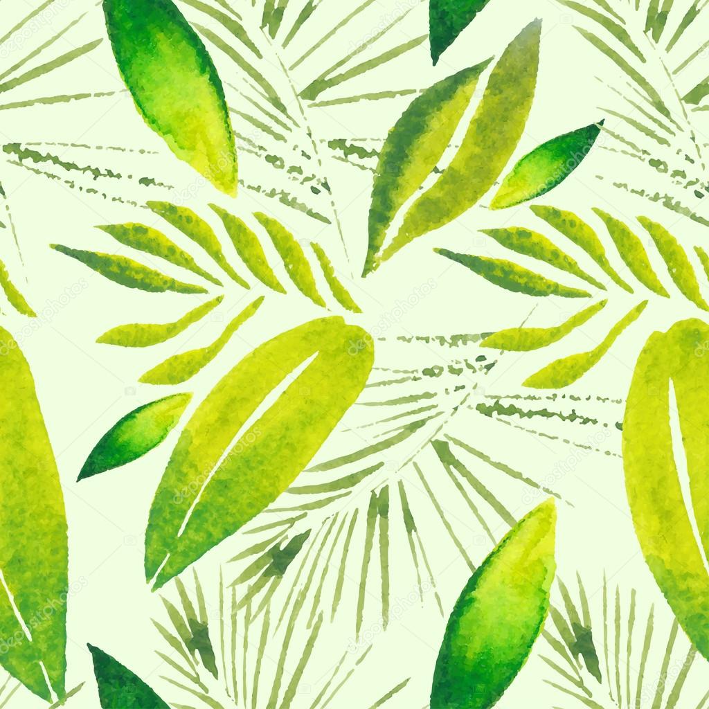 Exotic tropical leaves. Seamless, hand painted, watercolor pattern. Vector background.