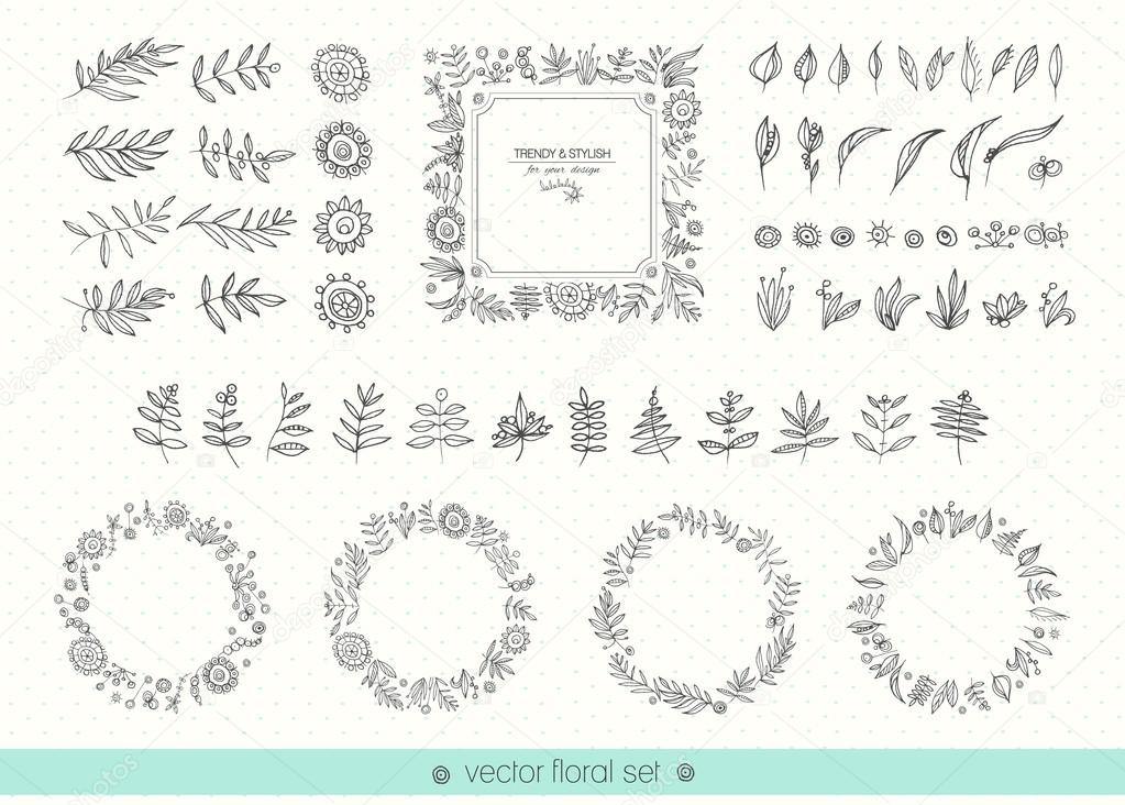 Floral hand drawn collection. Flowers, leaves, decorative elements for your design. Vector