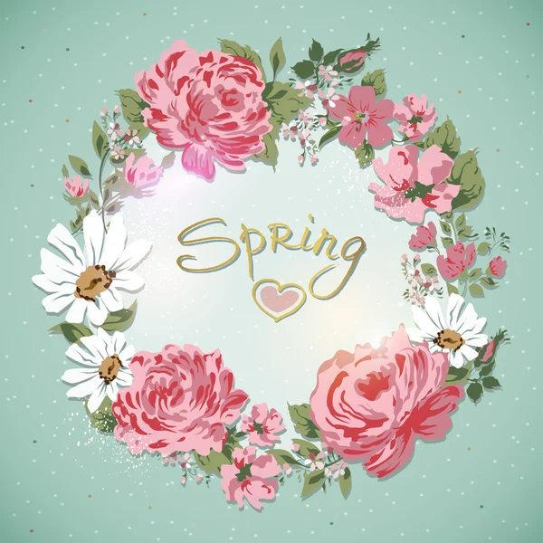 Eu amo Primavera-Fronteira de flores com texto. Cartão Floral Romântico —  Vetores de Stock