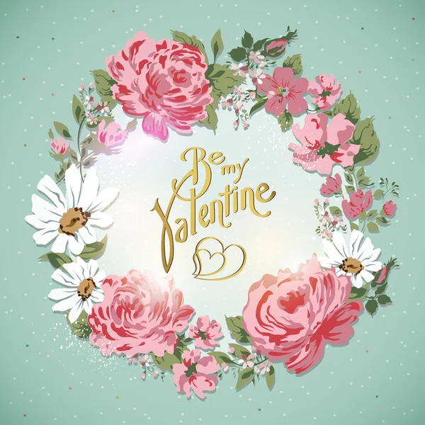 Frontera de flores con texto Be My Valentine. Tarjeta floral romántica — Archivo Imágenes Vectoriales