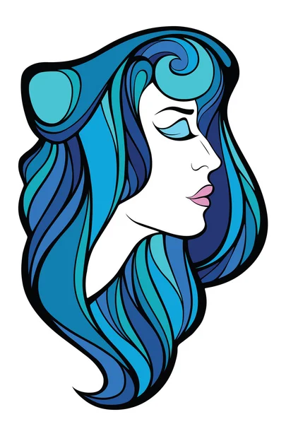 Векторный декоративный портрет женщины с голубыми длинными волосами i — стоковый вектор