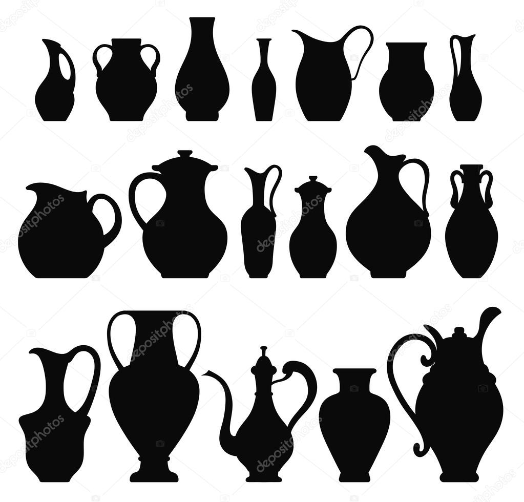 Vector silhouettes of vases. Isolated on white crockery