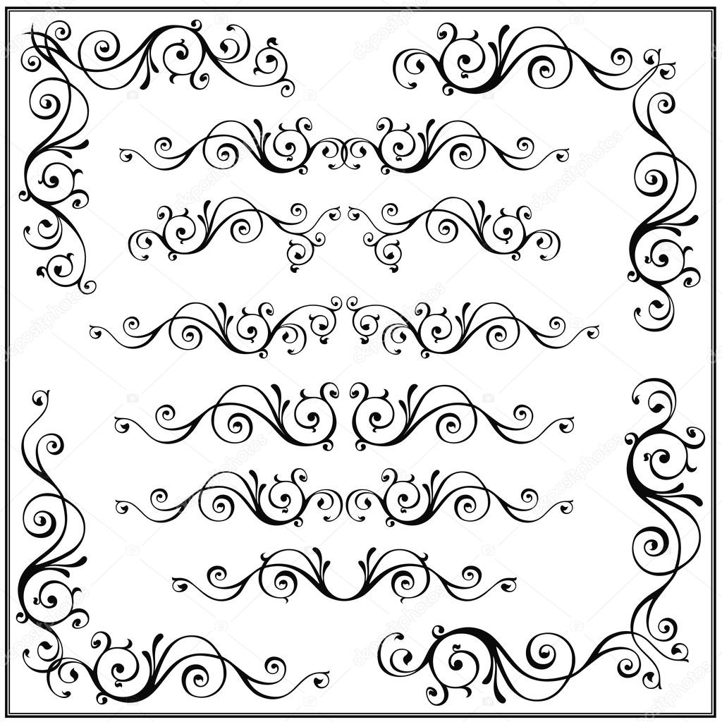 Curled calligraphic design frame corner elements. Vector set.