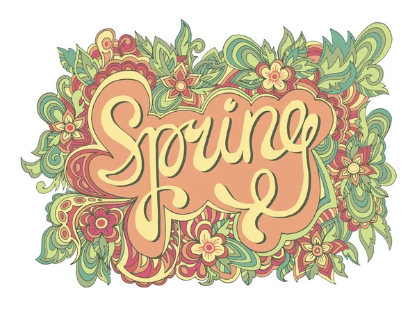 Letras de primavera. Banner caligráfico floral vectorial con hojas y flores . — Vector de stock