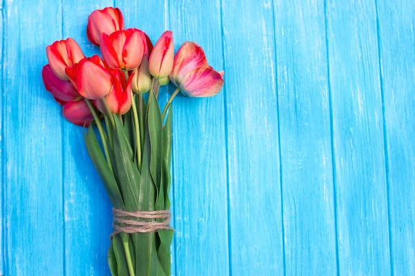 Tulipanes coloridos en la mesa de madera de cian. Vista superior con espacio de copia —  Fotos de Stock