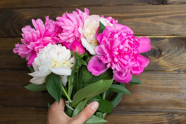 Many beautiful colored peonies on wooden background — Stock Photo, Image