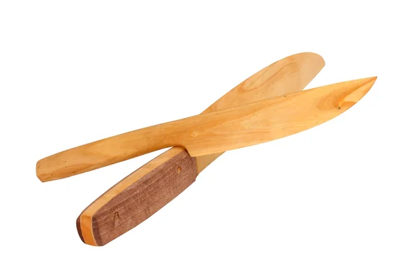 A faca de mesa de madeira no fundo branco — Fotografia de Stock