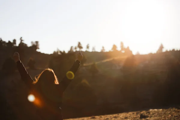 Mulher feliz ao nascer do sol na natureza . — Fotografia de Stock