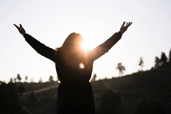 Happy woman at sunrise in nature. Royalty Free Stock Images