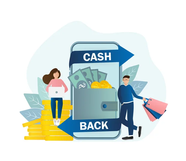 Icona piatta con cash back persone per il concept design. Concetto cash back in stile flat. Illustrazione vettoriale. — Vettoriale Stock